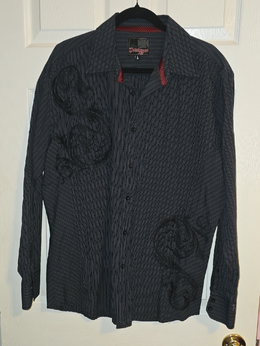 Point Zero Black Pinstripe Button-Down‎ Shirt with Embroidered Swirl